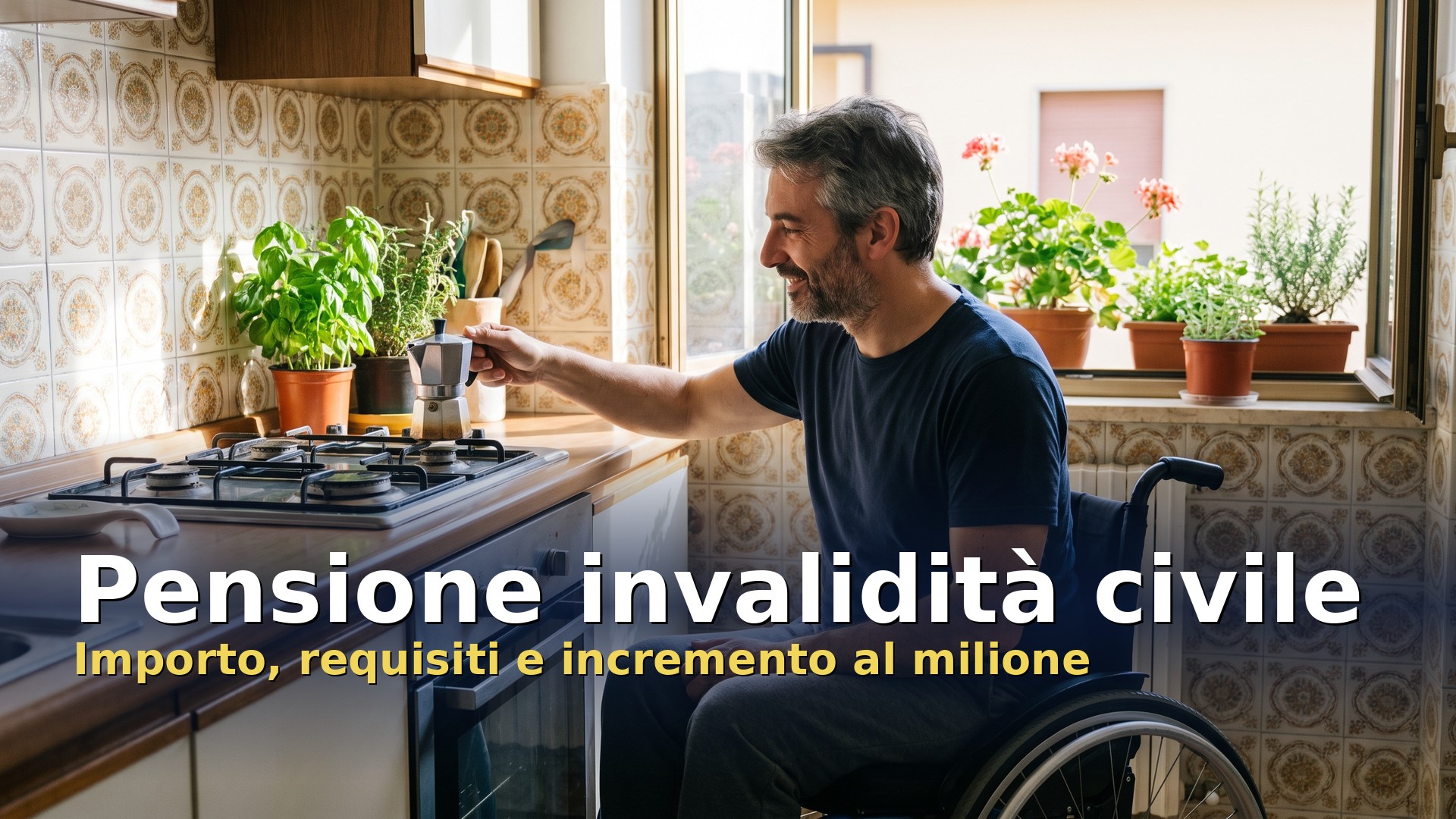 Pensione invalidità civile: uomo in sedia a rotelle che prepara il caffè nella cucina di casa