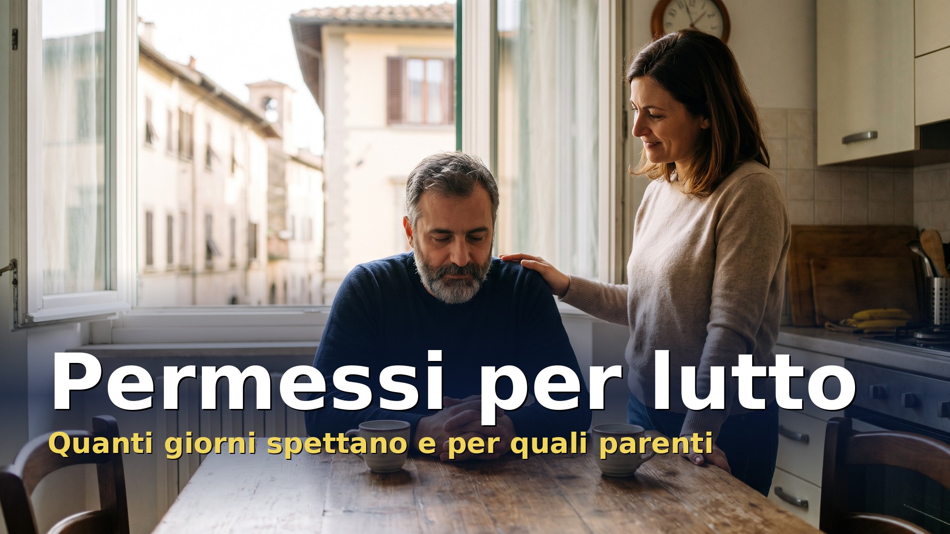 Permessi per lutto: uomo di circa 45 anni al tavolo della cucina confortato da una donna che gli appoggia una mano sulla spalla