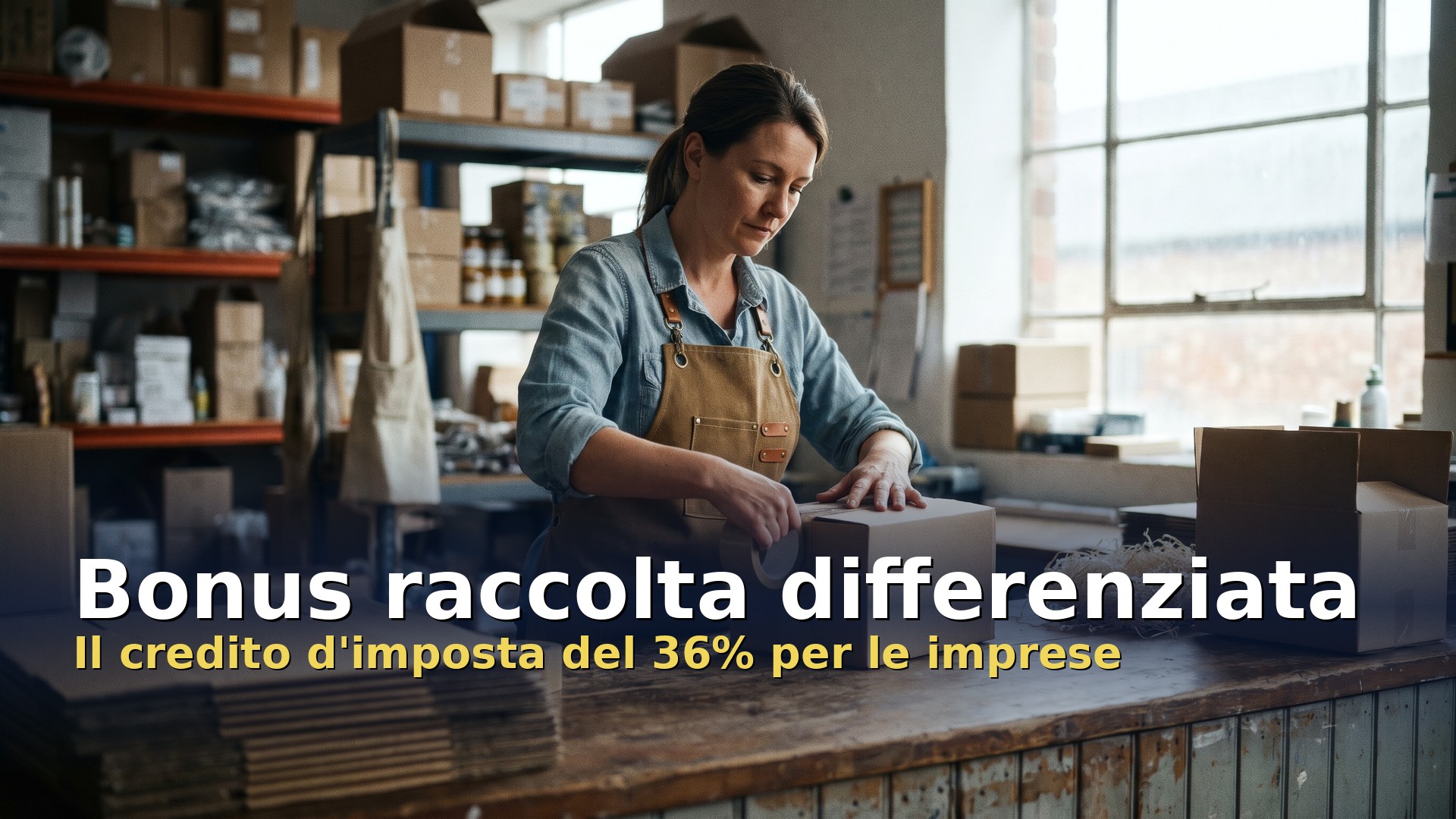 Bonus raccolta differenziata: imprenditrice che prepara spedizioni con imballaggi riciclati