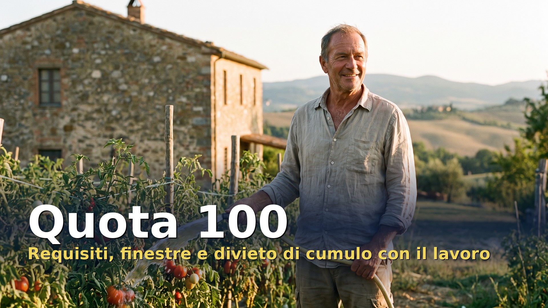 Quota 100: un neopensionato innaffia l'orto davanti a una casa di campagna
