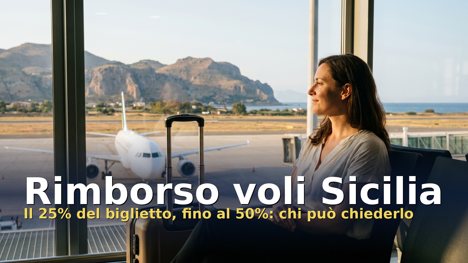 Rimborso voli Sicilia: viaggiatrice in un aeroporto siciliano guarda l'aereo in pista