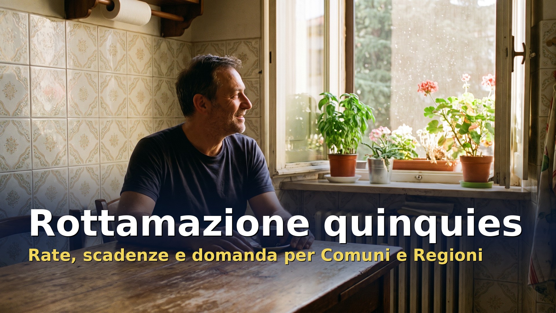 Rottamazione quinquies: un uomo seduto al tavolo della cucina guarda fuori dalla finestra con sollievo