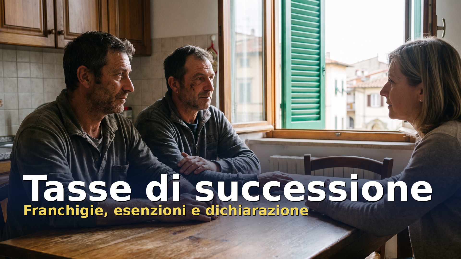 Tasse di successione: due fratelli adulti parlano con una consulente al tavolo della cucina della casa di famiglia