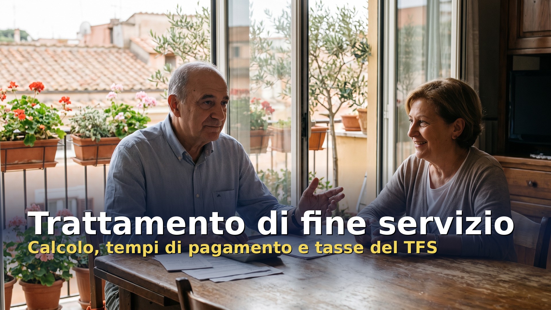 Trattamento di fine servizio: un dipendente pubblico in pensione fa i conti del TFS con la moglie al tavolo di casa