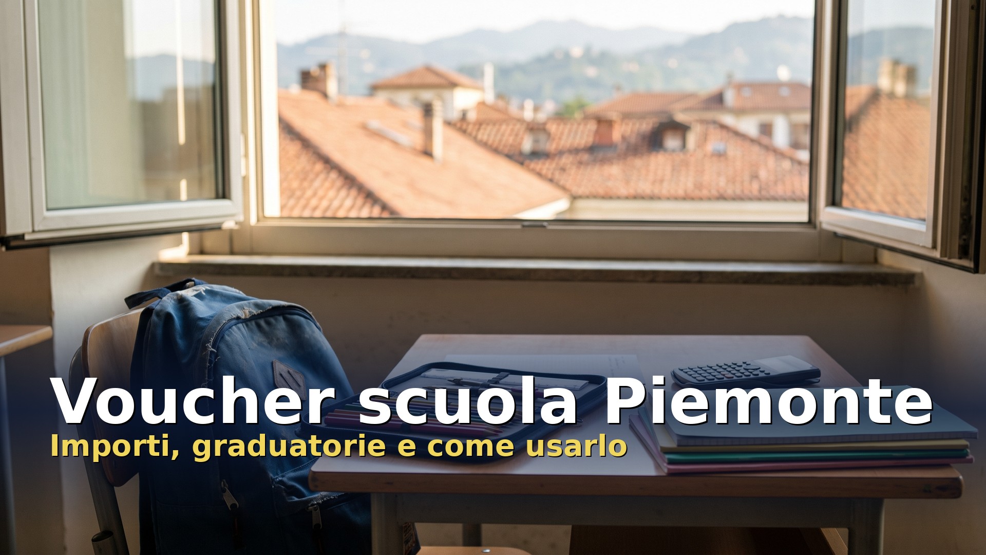 Voucher scuola Piemonte: banco di scuola con zaino, astuccio, calcolatrice e quaderni davanti alla finestra